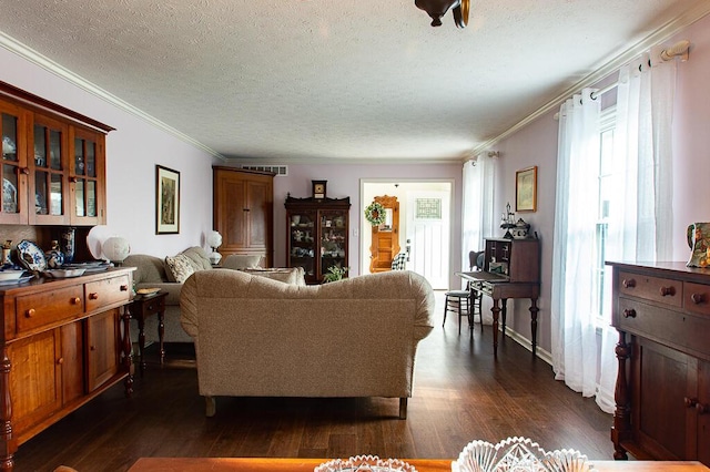 living room featuring ornamental molding, a textured ceiling, and dark wood-type flooring