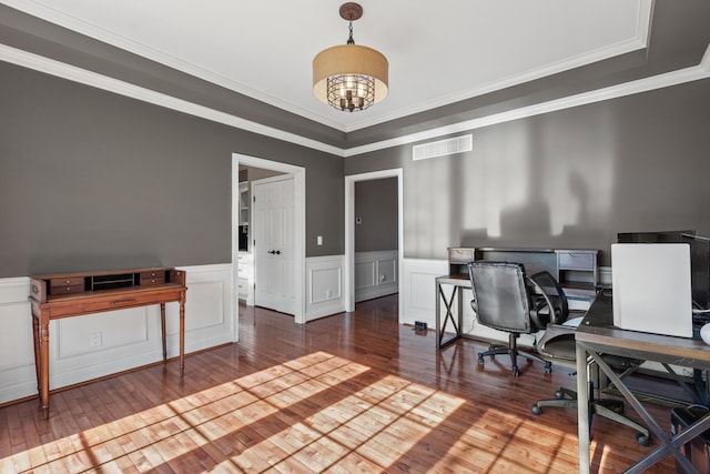 office space featuring hardwood / wood-style flooring and ornamental molding