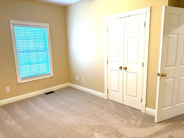 unfurnished bedroom featuring light carpet, a closet, and multiple windows