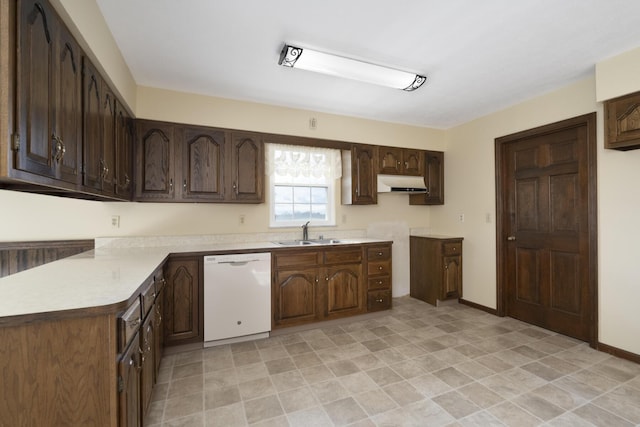 kitchen with dishwasher, dark brown cabinetry, and sink