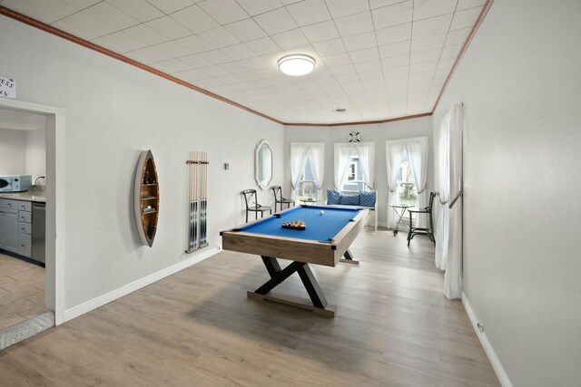 game room with pool table, crown molding, baseboards, and wood finished floors