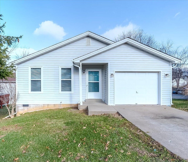 ranch-style home with a garage and a front lawn