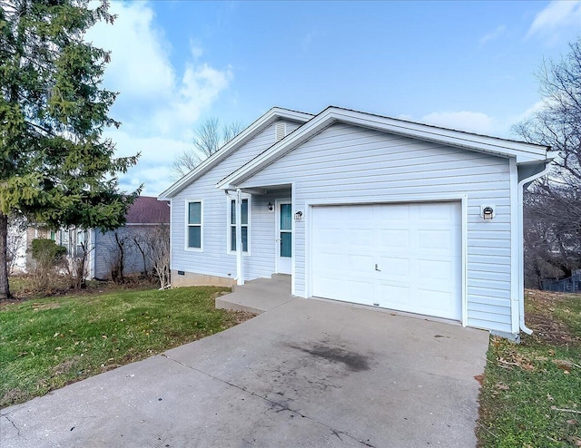 single story home featuring a front yard and a garage