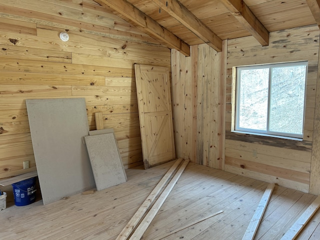 spare room with wooden ceiling, wood walls, light wood-style floors, and beamed ceiling