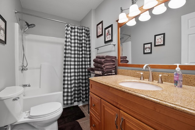 bathroom with tile patterned flooring, toilet, vanity, and shower / bathtub combination with curtain