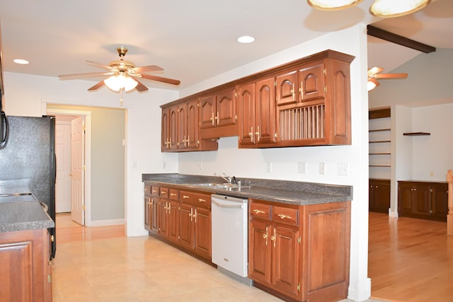 781 E Lexington St, Harrodsburg, KY 40330 - kitchen with dishwasher, ceiling fan, a sink, dark countertops, and freestanding refrigerator