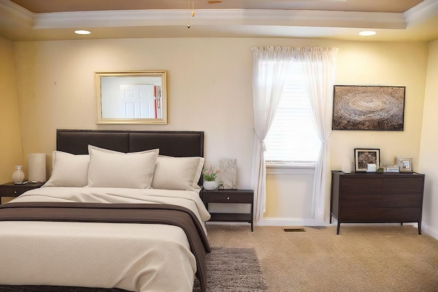 carpeted bedroom with a raised ceiling