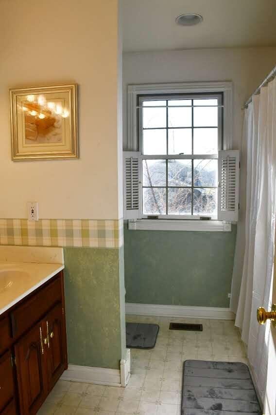 bathroom featuring a shower with curtain and vanity