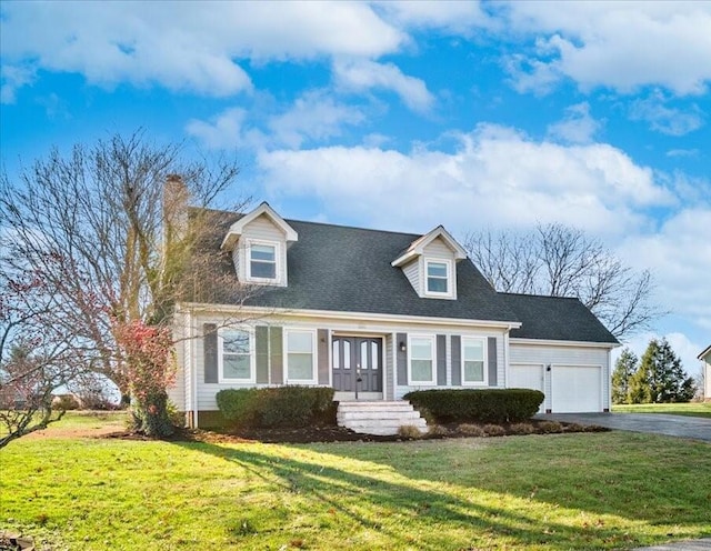 cape cod home featuring a garage, a front yard, and french doors