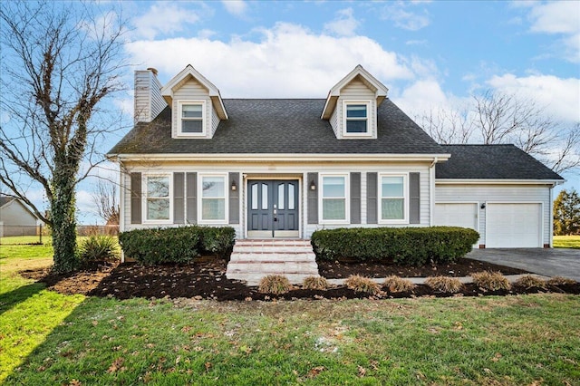 new england style home with a front yard and a garage