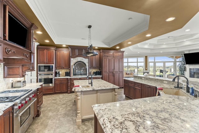 kitchen with sink, decorative light fixtures, a raised ceiling, stainless steel appliances, and a large island