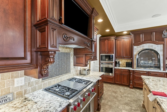 kitchen featuring crown molding, light stone countertops, decorative backsplash, and stainless steel appliances