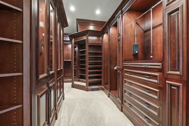 spacious closet featuring light colored carpet