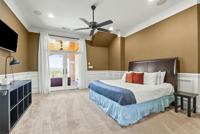 carpeted bedroom featuring access to outside, ornamental molding, french doors, and ceiling fan