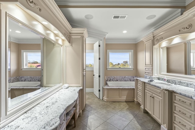 bathroom with vanity, a bath, tile patterned flooring, and ornamental molding