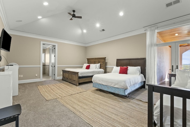 bedroom with ensuite bath, ornamental molding, light colored carpet, and french doors