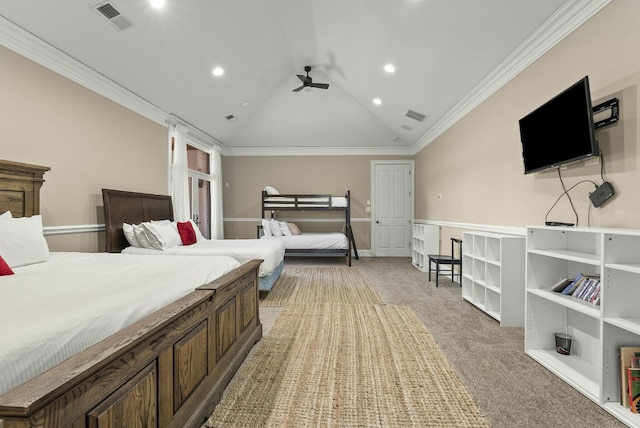 bedroom featuring lofted ceiling, crown molding, and light carpet