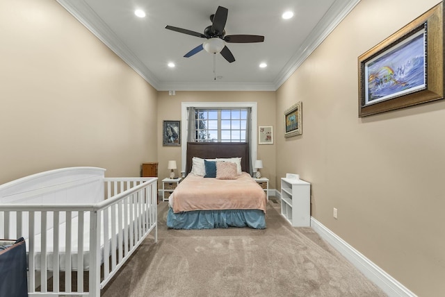 bedroom with crown molding, carpet flooring, and ceiling fan