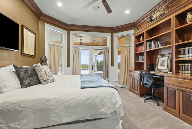 bedroom with french doors, crown molding, light carpet, access to outside, and ceiling fan