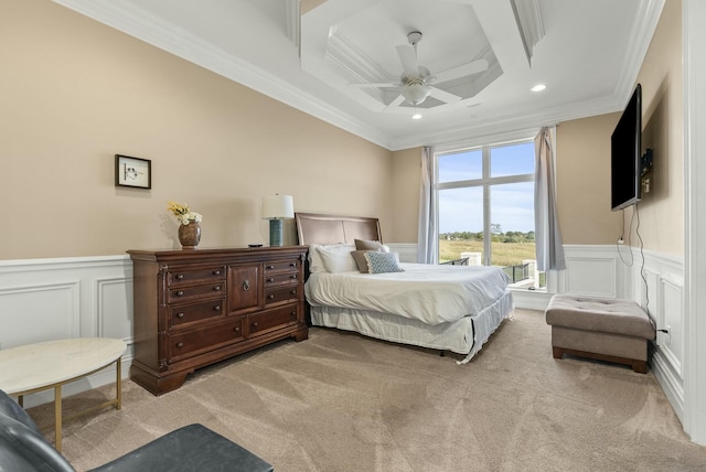 bedroom featuring coffered ceiling, crown molding, light colored carpet, and ceiling fan