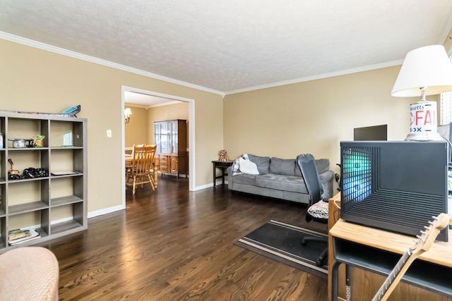 home office featuring crown molding, dark hardwood / wood-style flooring, a textured ceiling, and an inviting chandelier