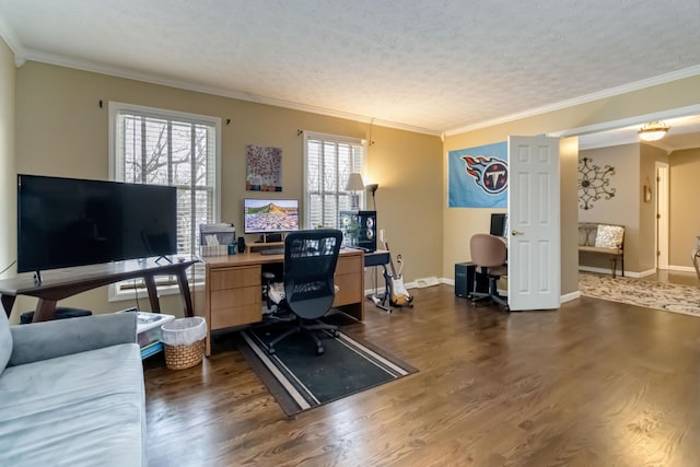 office with dark hardwood / wood-style floors, ornamental molding, and a textured ceiling