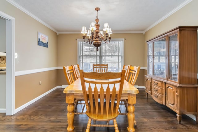 dining area featuring a notable chandelier, dark hardwood / wood-style floors, and ornamental molding