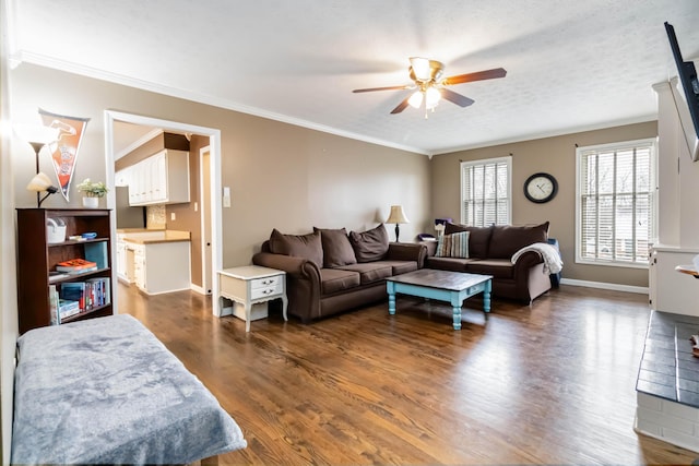 living room featuring crown molding, dark wood-type flooring, a textured ceiling, and ceiling fan