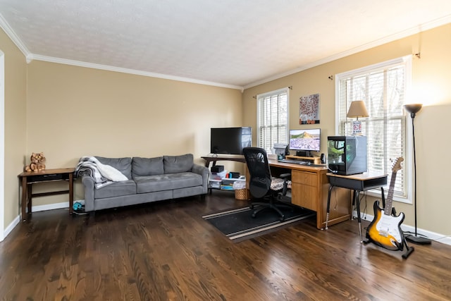 office with dark hardwood / wood-style flooring and ornamental molding