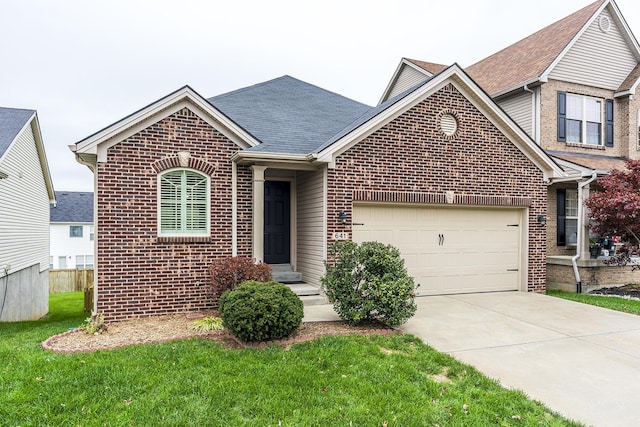 view of front facade with a front yard and a garage