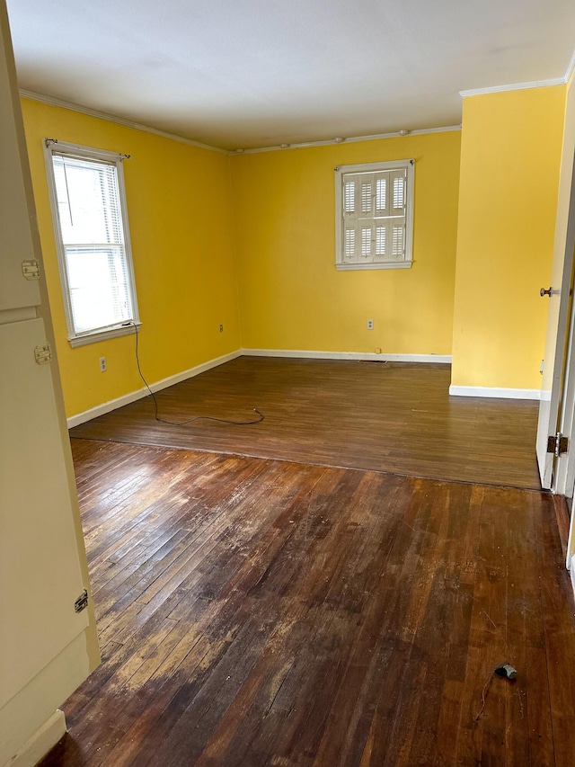 spare room featuring dark hardwood / wood-style floors and crown molding