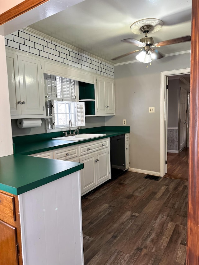 kitchen featuring white cabinets, sink, ceiling fan, dark hardwood / wood-style floors, and black dishwasher