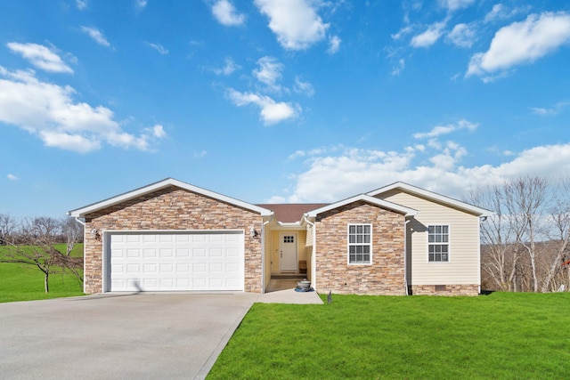 single story home with a front yard and a garage