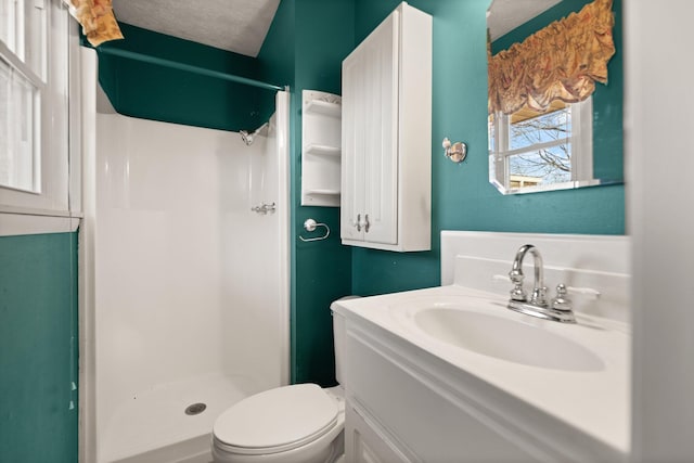 bathroom featuring a shower, vanity, and toilet