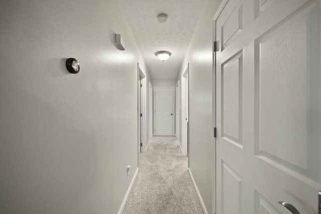 corridor with light carpet and a textured ceiling