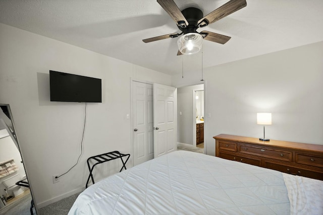 bedroom with light carpet and ceiling fan