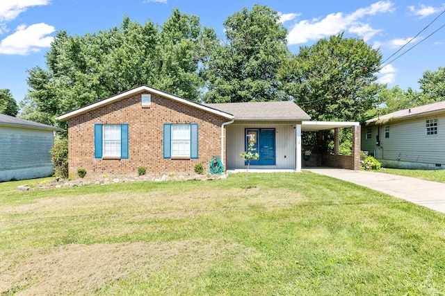 single story home with a front lawn and a carport