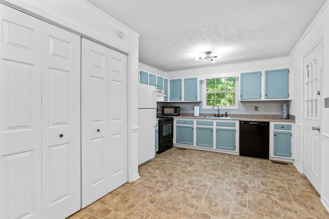 kitchen with backsplash, sink, black appliances, and blue cabinets