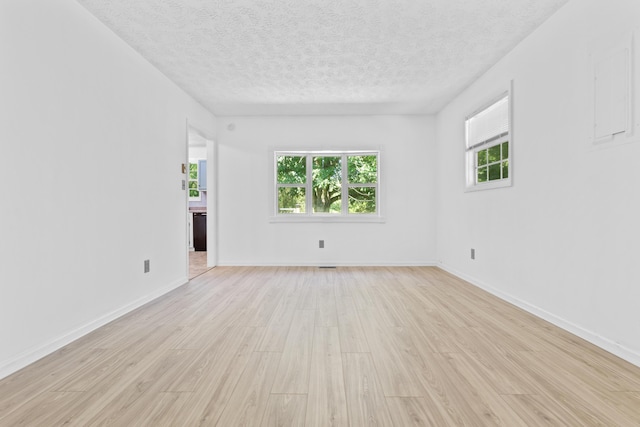 empty room featuring a textured ceiling, light hardwood / wood-style floors, and plenty of natural light