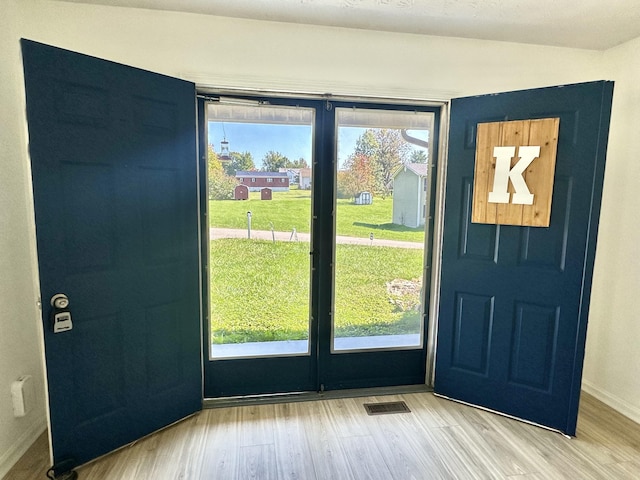 doorway to outside featuring a healthy amount of sunlight and light wood-type flooring