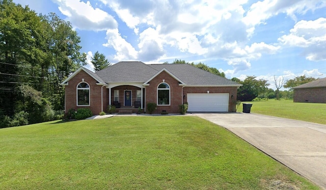 single story home featuring a front yard and a garage