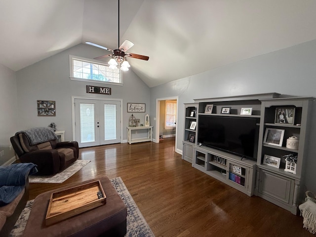 living room with ceiling fan, french doors, high vaulted ceiling, and dark hardwood / wood-style floors