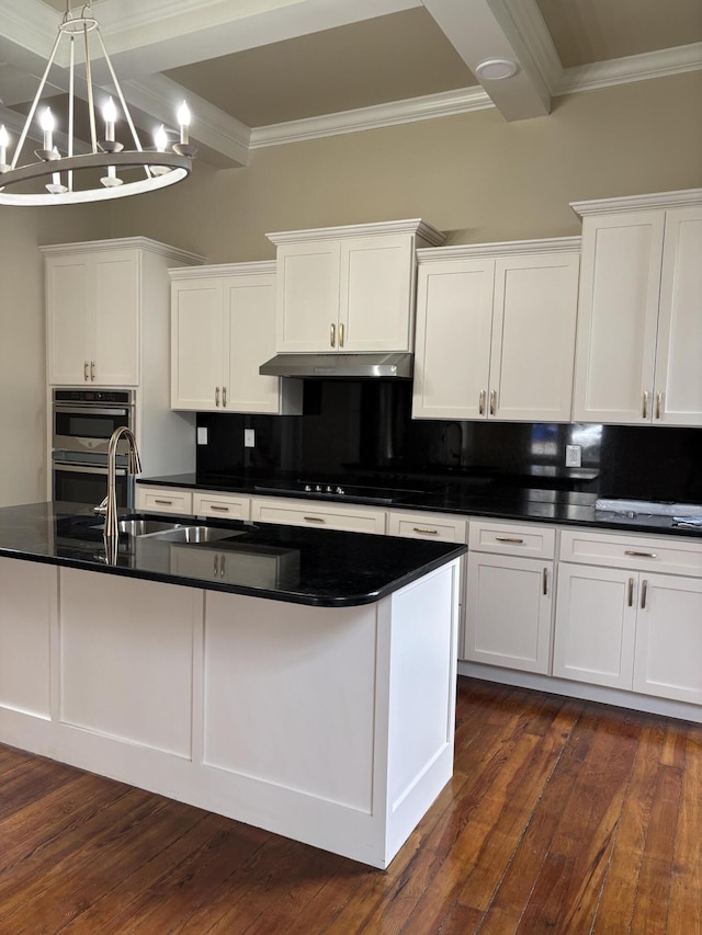 kitchen featuring decorative backsplash, beam ceiling, dark hardwood / wood-style floors, and white cabinetry