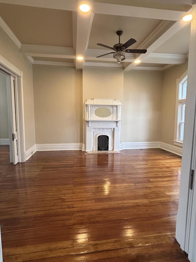 unfurnished living room with beam ceiling, dark wood-type flooring, and coffered ceiling