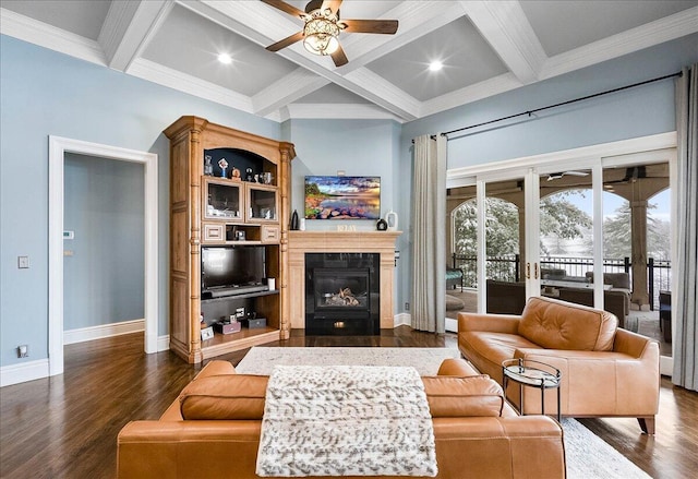 living room featuring beam ceiling, french doors, and coffered ceiling