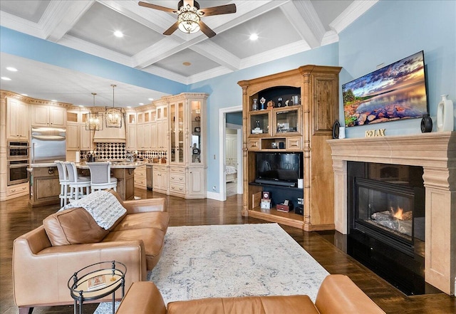 living room featuring beamed ceiling, dark hardwood / wood-style flooring, and coffered ceiling