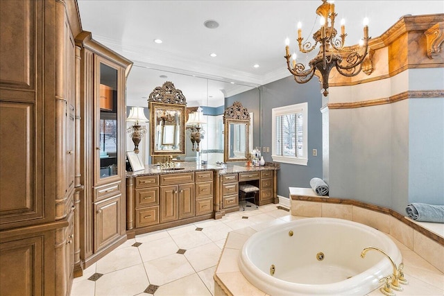 bathroom with vanity, an inviting chandelier, tile patterned flooring, a relaxing tiled tub, and ornamental molding