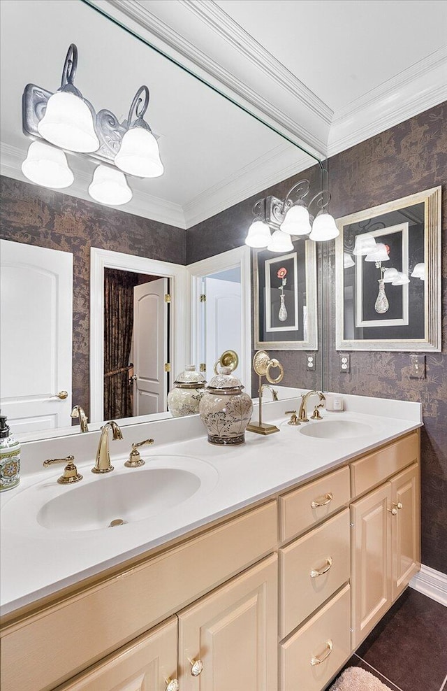 bathroom with tile patterned flooring, vanity, and ornamental molding