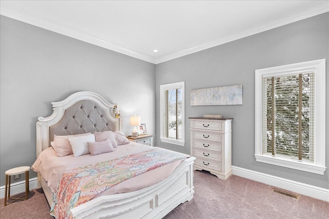 bedroom featuring carpet flooring and ornamental molding