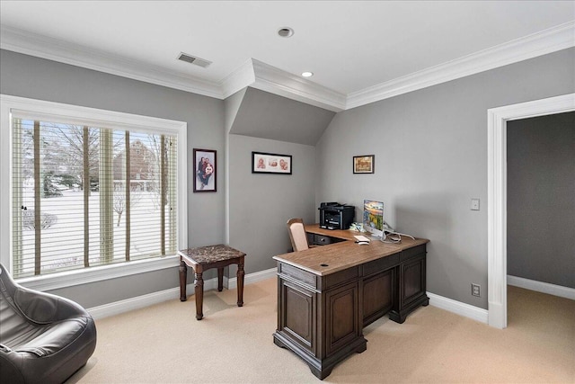 carpeted office space featuring crown molding, plenty of natural light, and vaulted ceiling